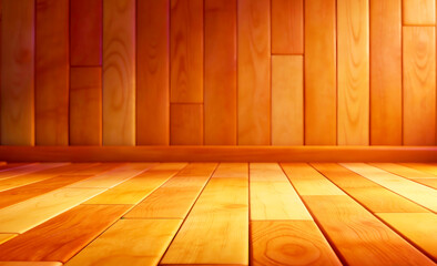 3D interior background with warm sunlight hitting a wooden floor and vertical plank wall texture.