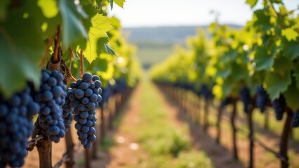 Grape vineyard rows stretching into distance, purple clusters hanging, wine production agriculture, Tuscany countryside style, harvest season concept, agricultural bounty