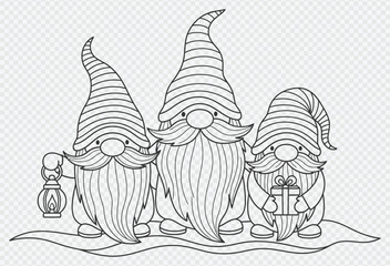 Fototapeta premium Three gnomes with gift and lantern standing on snow, coloring page illustration
