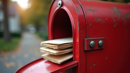 Red mailbox with letters inside, postal service concept, communication delivery system, traditional correspondence, metal container, mail collection point, retro messaging
