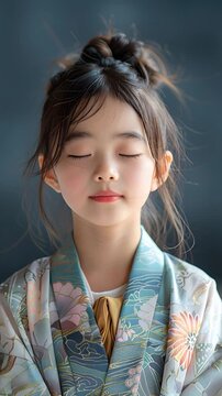 A girl in traditional clothing is standing with her eyes closed. She appears to be in a quiet space, enjoying the moment. The setting is simple and focuses on her peaceful expression