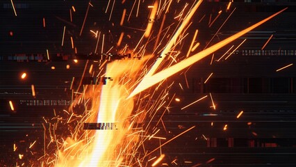 Dynamic abstract art featuring fiery energy and digital distortion effects creates modern digital