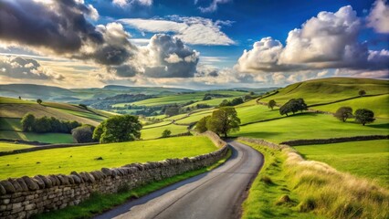 Obraz premium Serene Countryside Road Winding Through Verdant Hills and Stone Walls Under a Dramatic Sky