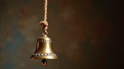Brass bell hanging with rope, sound-making instrument, church or school bell, ringing notification symbol, metal resonance object, alert and announcement tool
