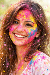 Vibrant holi celebration with smiling woman covered in colorful powder outdoors