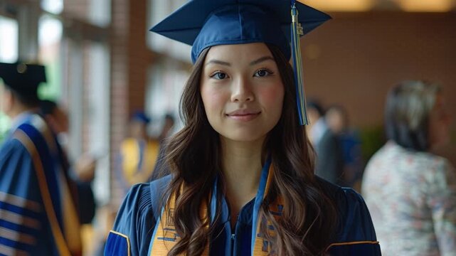 A graduate stands proudly wearing a cap and gown in a hall. Friends and family surround the graduate, celebrating a significant milestone in education during a graduation ceremony