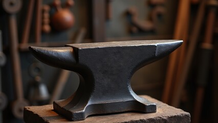 Close-up of a classic metal anvil on a workbench, accompanied by a sledgehammer in the background, blacksmith workshop with scattered metal shavings, concept of blacksmithing, metalworking