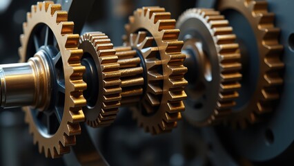 Interlocking metal gears rotating, mechanical engineering concept, industrial machinery parts, synchronized movement system, bronze cog wheels