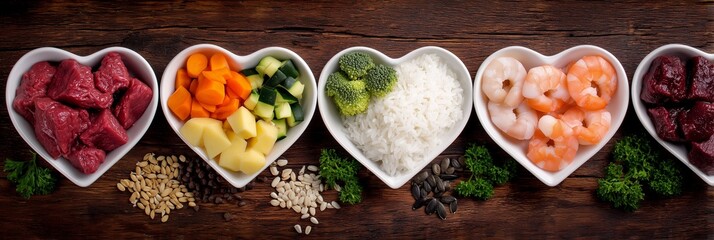 A high-resolution, meticulously arranged flat lay photograph captures various raw ingredients for a balanced pet food diet, presented in four pristine white, heart-shaped bowls aligned horizontally on