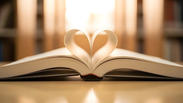An open book on a table with warm light shining through the pages in a library or study setting with bookshelves