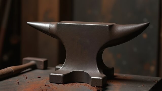 Close-up of a classic metal anvil on a workbench, accompanied by a sledgehammer in the background, blacksmith workshop with scattered metal shavings, concept of blacksmithing, metalworking - Powered by Adobe