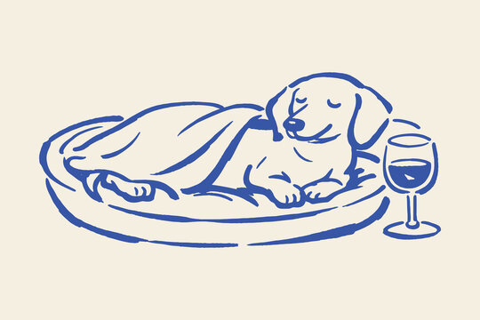 Dachshund on bed with wine glass doodle outline vector illustration