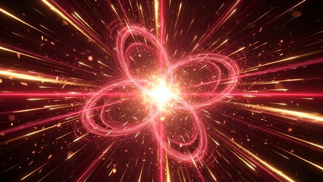 Energetic cosmic burst with radiant star, swirling pink patterns and golden rays, abstract