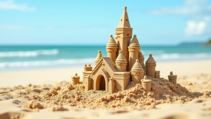 Elaborate sandcastle on beach shore, vacation leisure activity, creative coastal sculpture, temporary art structure, bucket-and-spade construction