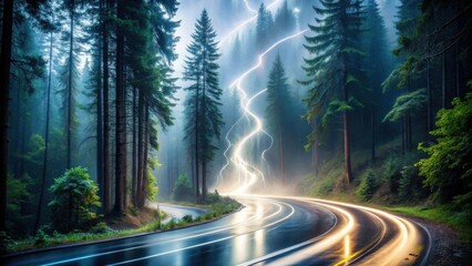 Serene Forest Road Illuminated by a Dramatic Lightning Storm During a Misty Night