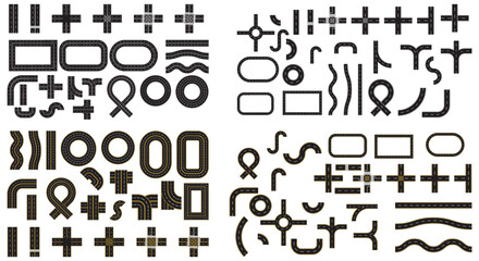 City road and highway top view. Transport icons. Aerial view of asphalt street and Road from above with footpaths and crossroads. Circle, Roundabout and curve roadway parts of single and double roads.