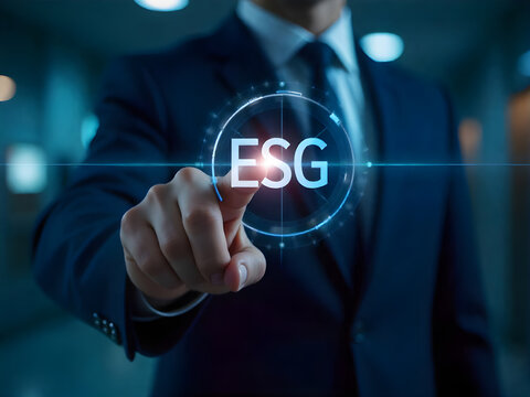 Hombre de negocios que toca el bot&oacute;n ESG en la pantalla sobre el fondo. Concepto de estrategia empresarial ESG ambiental, social y de gobernanza para inversiones.