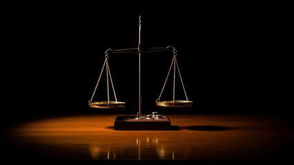 Classic brass scales of justice standing on a wooden desk under a spotlight against a black background, law and equity concept