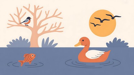 Obraz premium A lovely illustration depicts a duck swimming with a fish, a bird on a tree, and birds flying