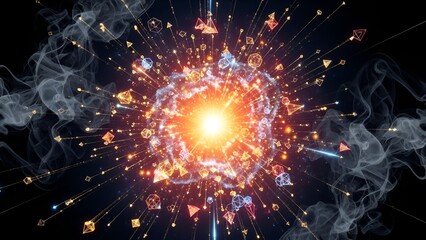 Explosion of geometric shapes with radiant light and smoky elements in a dynamic composition