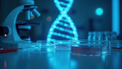 Clean medical laboratory with glowing DNA helix hologram, modern microscope, petri dishes, blue sterile lighting, scientific research concept