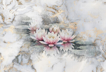 Piękne kwitnące lilie wodne na marmurowej ścianie. Ilustracja na obraz, fototapetę, plakat. © lucja_lusilas.pl