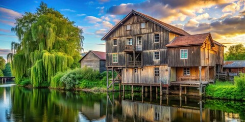Serene Sunset Over Wooden Waterside Structures and Weeping Willow Tree