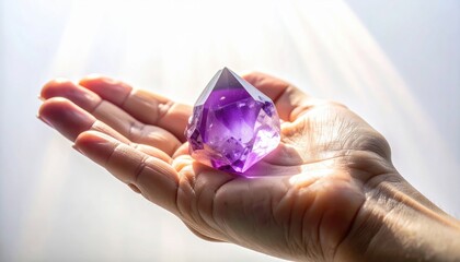 Close Up Of A Hand Holding A Large Faceted Purple Amethyst Crystal With Light Rays Shining Down On It Against A Blurred White Background