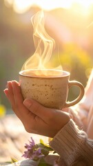 Warm Mug Of Steaming Coffee Held Gently In Hands With Soft Morning Sunlight Outdoors