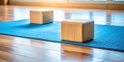 Wooden blocks on a blue yoga mat resting on a hardwood floor