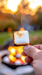 Hand Holding Perfectly Toasted Marshmallow Over Outdoor Fire Pit With Warm Golden Hour Sunlight Bokeh Background