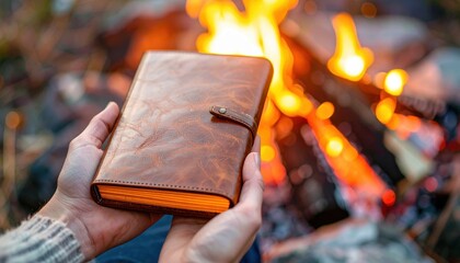 Person Holding Antique Leather Journal Near Blazing Campfire Outdoors At Dusk