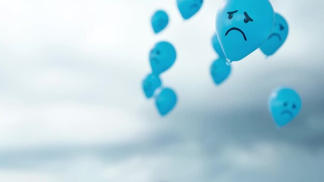 A group of blue balloons with sad facial expressions floating in a cloudy sky, symbolizing the emotional tone of the Blue Monday concept in 3D animation