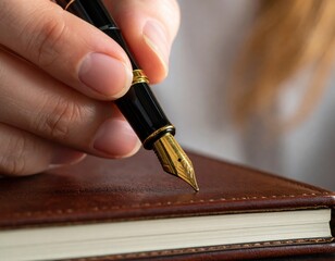 Close up of a person's hand holding a black and gold fountain pen writing on a brown leather bound journal with soft natural lighting