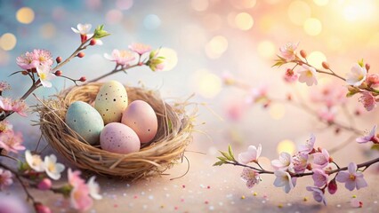 Pastel Easter eggs nestled in a bird's nest, surrounded by delicate spring blossoms and a soft, sunlit background