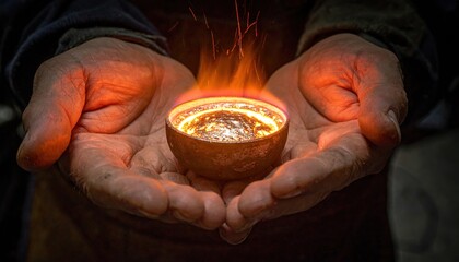 Close up of Rough Hands Gently Holding Molten Metal Emitting Flames and Sparks Under Dramatic Lighting