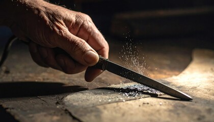 CloseUp of Aged Hands Sharpening a Metal Tool with Sparkles Flying Off in Dramatic Lighting with Dark Background