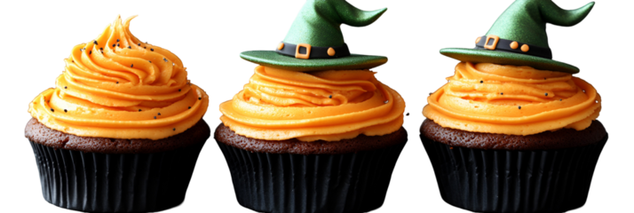 Three decorated cupcakes on transparent background