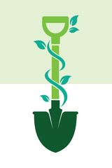 Gardening shovel with growing plant vine symbolizing ecology and horticulture concept illustration