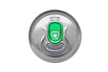 Aluminum beverage can top with green pull tab isolated on white background. Metal lid detail from above. Packaging design element for drink can production. Circular symmetry closeup.
