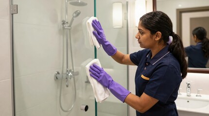Cleaning a glass shower door in a bathroom by a worker in purple gloves Generative AI