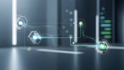 Abstract digital network connection with glowing hexagonal nodes and light particles in modern interior