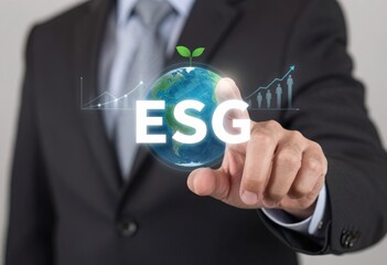 Hombre de negocios que toca el botón ESG en la pantalla con íconos virtuales conectados en el fondo. Concepto de estrategia empresarial ESG ambiental, social y de gobernanza para inversiones.