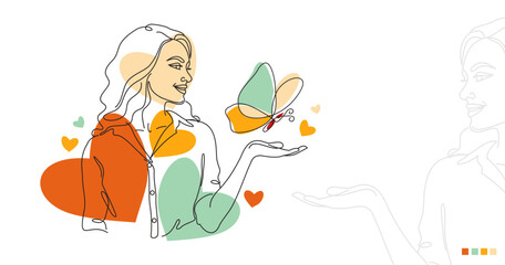Illustration of a portrait of a woman and a butterfly in lineart style