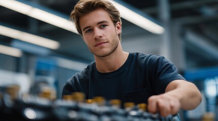 A mechanic replacing fuel-treatment cartridges in a hybrid-engine diagnostic bay, transparent casings showing flow clarity during calibration — automotive engineering, clean efficiency, and modern