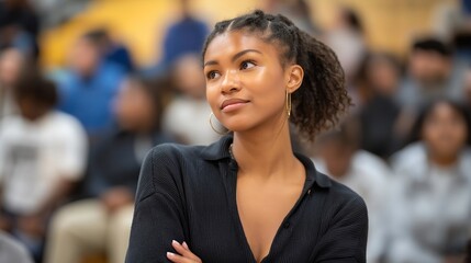 A woman governor hosting a town hall in a packed school gym, sleeves rolled up as she listens intently to citizens sharing concerns — authentic community leadership and accessible political