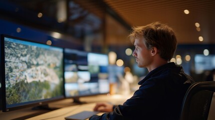 A portfolio manager adjusting asset allocations based on emission-risk analysis, interactive dashboards showing how carbon-heavy industries affect long-term financial performance and investor