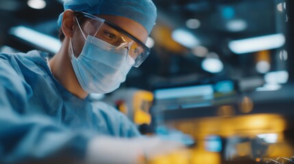 A sterile orthopedic implant workshop where technicians laser-etch serial numbers onto titanium bone plates inside dust-free enclosures — medical device craftsmanship, precision metallurgy, and