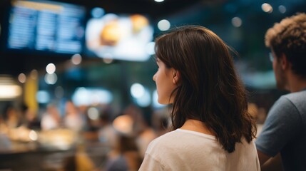 A restaurant displaying a wall-mounted menu board with illuminated typography and clean design, allowing guests to browse offerings before approaching the counter. cinematic color correction,