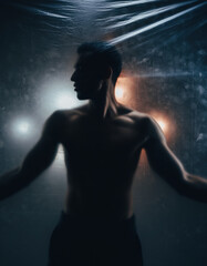Mysterious silhouette of pensive man behind textured plastic sheet. An abstract, moody, and dark portrait of person looking toward atmospheric background light